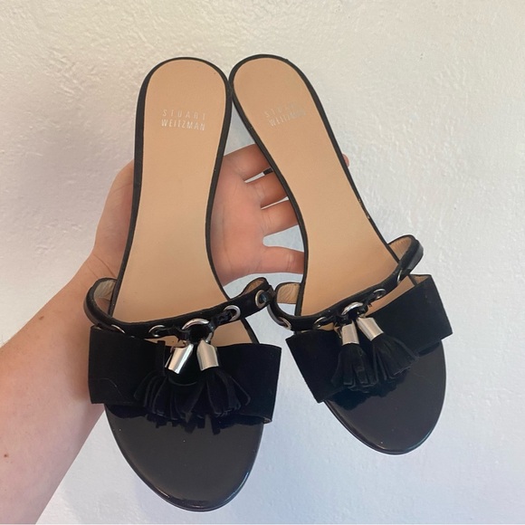STUART WEITZMAN Black Suede & Patent Leather Kitten Heel Sandals Mules 9 - Picture 1 of 9